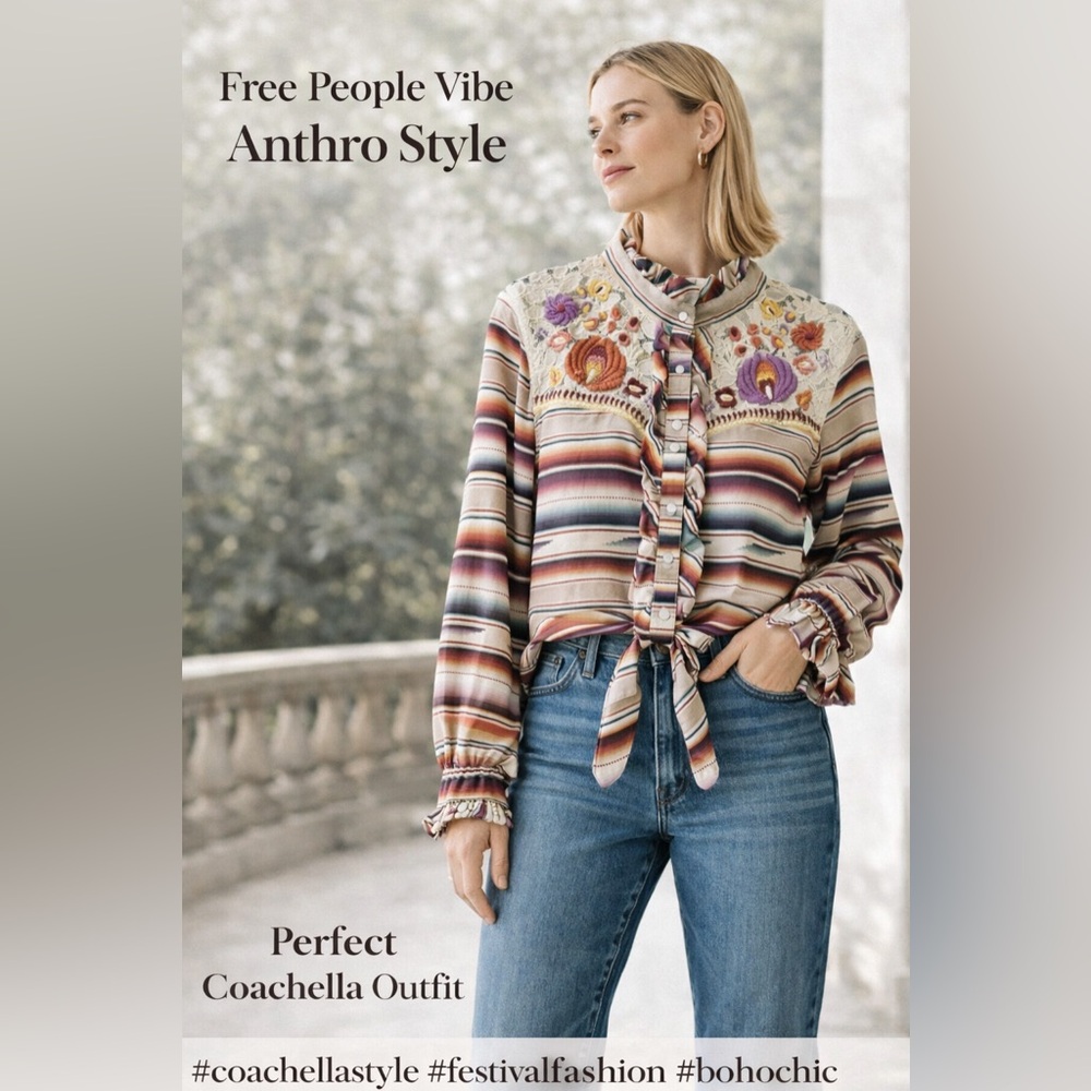 Double D Ranch Santa Rita Blouse Western Pearl Snap Serape Embroidered Boho Top - Picture 14 of 16